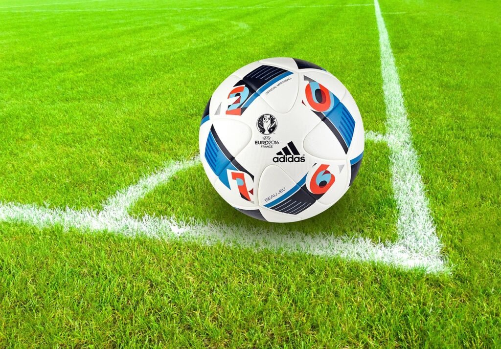 football, ball, sport, grass, field, nature, soccer field, football field, soccer, soccer ball, ball sport, ball game, play, playing field, corner, eckpunkt, adidas