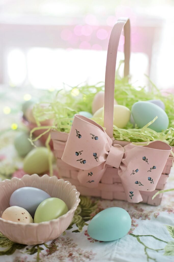 A decorative Easter basket filled with pastel eggs and adorned with a bow, perfect for holiday celebrations.